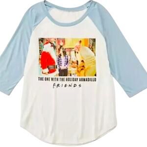 Friends “Holiday Armadillo" White & Dusty Blue Ringer Baseball T-shirt, Size L